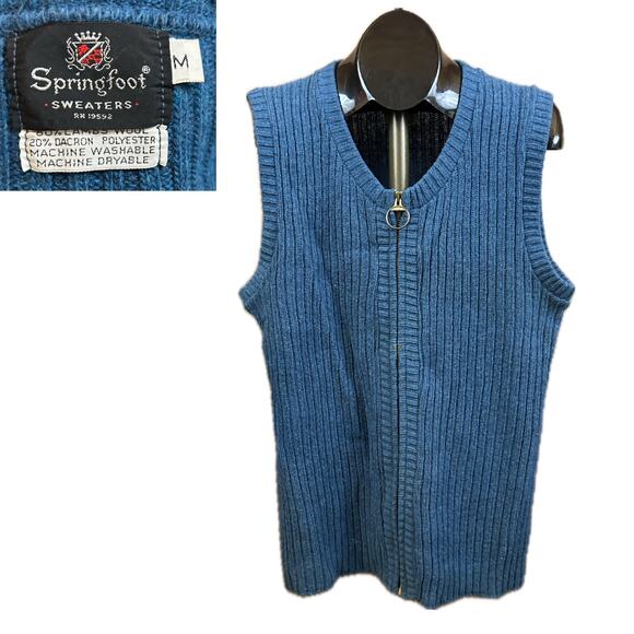 Vintage 1970s Teal Blue Wool Zip Up Sleeveless Sweated Vest / Medium - Picture 4 of 5